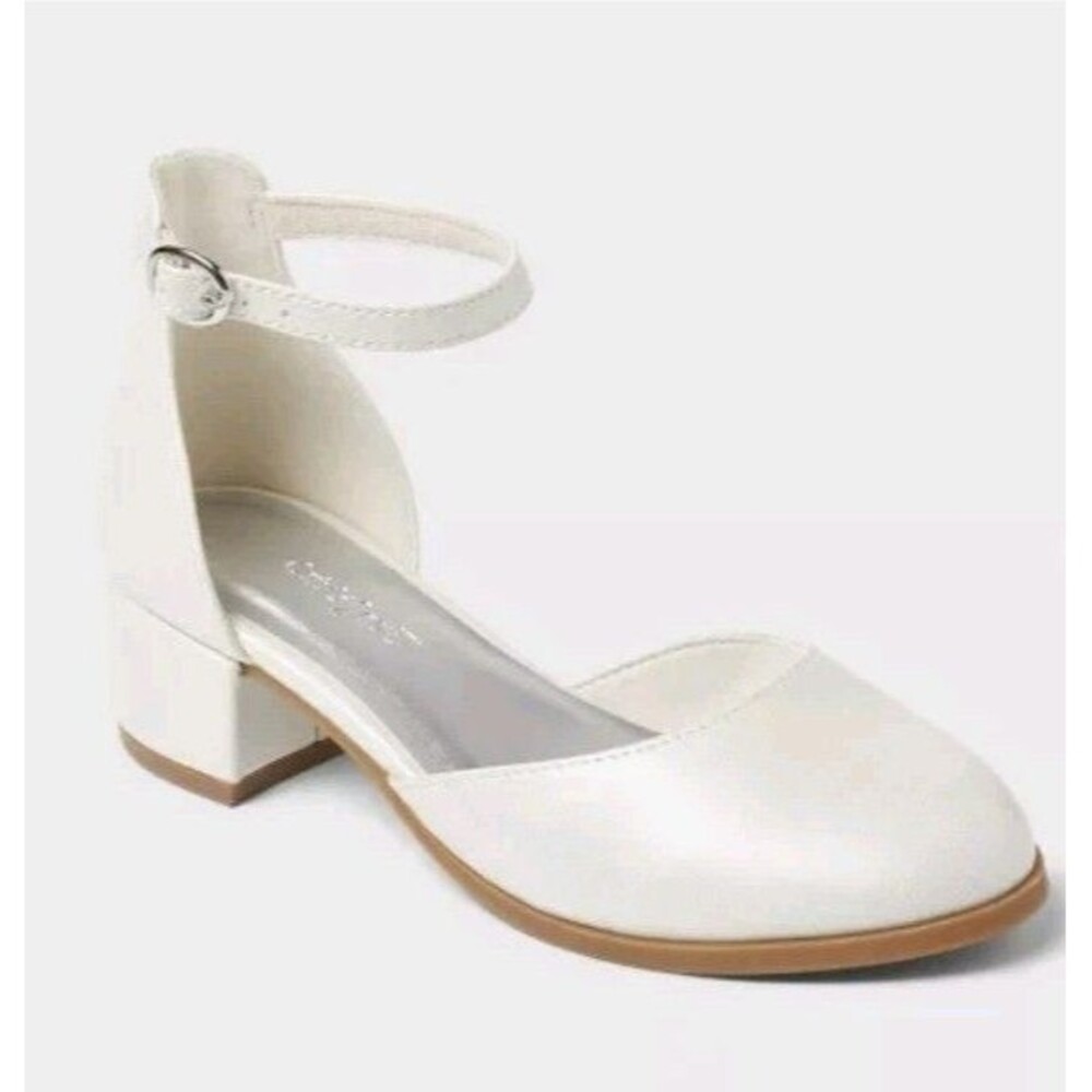 Girls White Ankle Strap Block Heel Dress Shoes